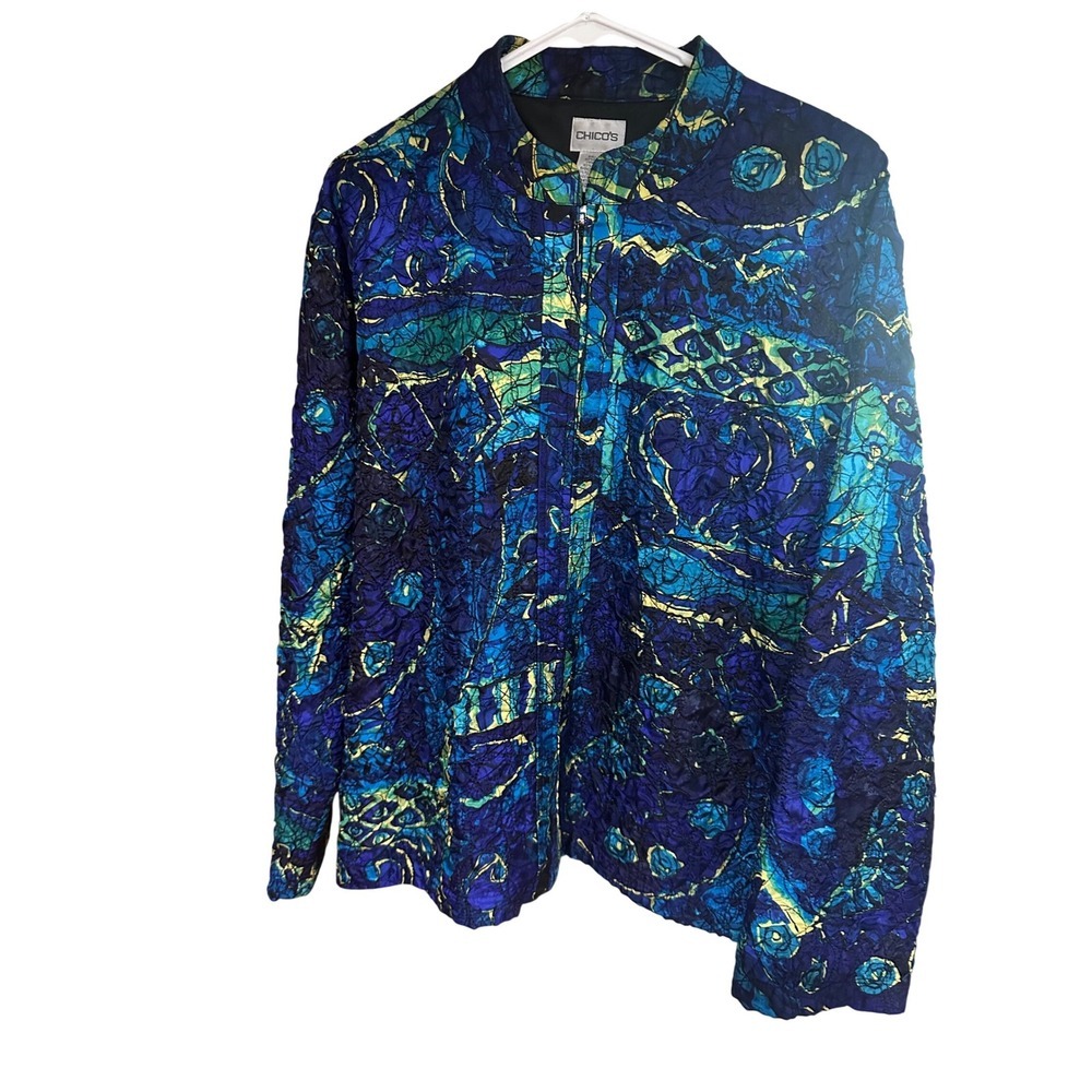 Chicos Silk Quilted Jacket Blue Green Abstract Floral Full Zip Lightweight